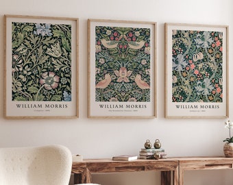 Set of 3 William Morris Prints, Botanical Wall Decor, Vintage Green Pattern Poster, Retro Canvas, Printable Decor,  3 Piece Art Set, Digital