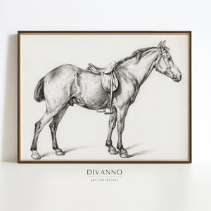 Cartel de caballo vintage, arte de pared ecuestre, caballo de pie por Jean Bernard Art Print, decoración de granja, ilustración de dibujo de carbón, lienzo