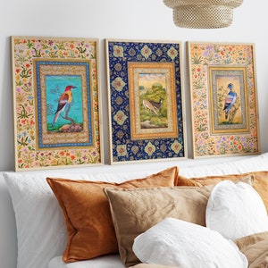 Mughal Prints Set of 3, Traditional Persian Wall Art, Oriental Decor, Birds Print, Mansur Prints, Giclée Poster, Animal Vintage, Miniature
