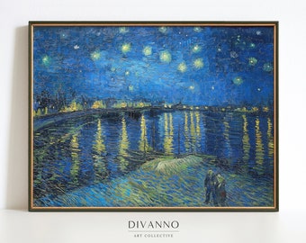 Van Gogh Starry Night Sky Poster, Starry Night Over the Rhône Canvas, Blue Fine Art Print, French River Painting, Romantic Night Wall Decor