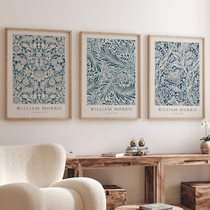 William Morris Conjunto de 3 pôsteres, estampas de flores azuis vintage, arte de parede de galeria botânica, coleção de arte digital padrão, decoração de casa moderna