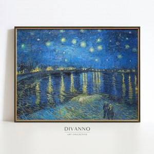 Cartel del cielo nocturno estrellado de Van Gogh, lienzo de noche estrellada sobre el Ródano, impresión de bellas artes azul, pintura del río francés, decoración romántica de la pared nocturna