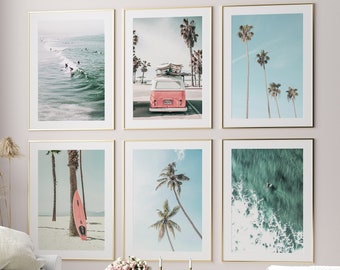 Coastal Set of 6 Prints, Beach Prints, Tropical Wall Art, Ocean Poster, Surfing Prints, Retro Van, Summer California Beach, Pink Surfboard