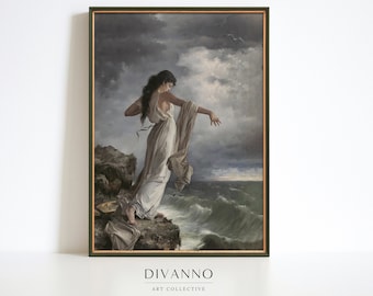 Sappho Poster, antieke zeegezicht schilderij, humeurige kunst aan de muur, Griekse vrouw mythologie Home Decor, Academia Canvas, MC Selva Ocean Storm afdrukbaar