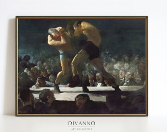 Puede incluir: Una pintura que representa a dos boxeadores en un ring, con una multitud de espectadores observando. Los boxeadores están en medio de la pelea, con uno de ellos lanzando un puñetazo y el otro bloqueándolo. La pintura está realizada en un estilo realista, con un fondo oscuro y un enfoque en la acción en el ring.