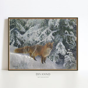 Fuchs im verschneiten Winterwald Malerei Print, Vintage Weihnachts Wandkunst, Nordische Evergreen Landschaft Poster, digital bedruckbar, Urlaub Leinwand