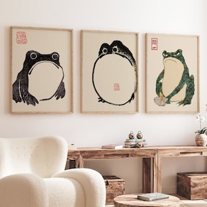 Japanese Set of 3 Frog Prints, Japanese Prints, Vintage Art, Japanese Frog, Matsumoto Hoji Wall Decor, Modern Art, Animal Print, Wabi Sabi