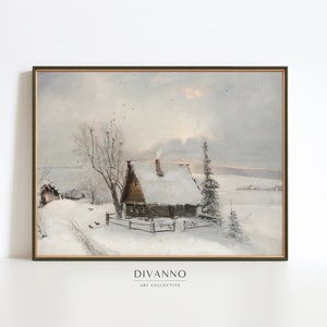 Rustic Winter Oil Painting Wall Art, Vintage Cottage Print, Neutral Antique Poster, Snowy Winter Landscape, Printable, Digital, Download