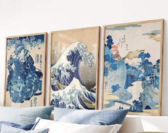 Conjunto de grabados japoneses de 3, arte en madera, decoración mínima de la pared, impresión de Kanagawa, impresiones de Hokusai, impresión de la gran ola, la gran ola, arte vintage
