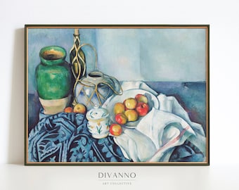 Blue Kitchen Wall Decor, Carafe and Dish with Apple Fruit Painting Cezanne Print, Still Life Poster, Food Canvas, Museum-Quality Art Gift