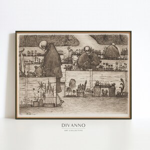 May include: A black and white drawing of three skeletons tending to a garden. The skeletons are wearing cloaks and are holding gardening tools. The garden is filled with various plants and flowers. The drawing is titled "DIVANNO ART COLLECTIVE".