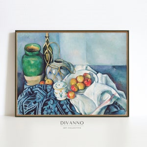 Decoración de pared de cocina azul, jarra y plato con pintura de frutas de manzana, impresión de Cezanne, póster de naturaleza muerta, lienzo de comida, regalo de arte con calidad de museo