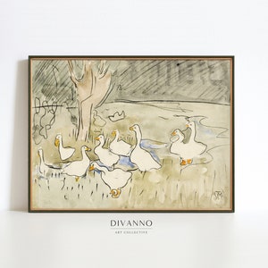 Antike Ente Wandkunst, Bauernhaus Dekor, Ente druckbare Illustration, Vintage Kinderzimmer-Kunst-Dekor, gedämpfter grüner Druck, Aquarell Tierleinwand