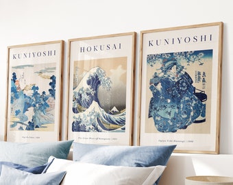 Conjunto de impresiones japonesas de 3, arte en madera, decoración de pared mínima, impresión de Kanagawa, impresiones de Hokusai, impresión de gran ola, la gran ola, arte vintage