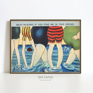 Costumi da bagno da spiaggia vintage Stampa comica, Cartolina sul mare Arte da parete, Poster stampabile divertente, Tela di folla sulla spiaggia, Decorazione della parete del bagno, Regalo