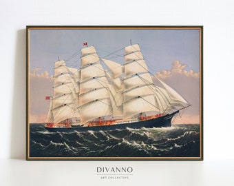 Antique Ship Sailing Print: Vintage Nautical Seascape Wall Art