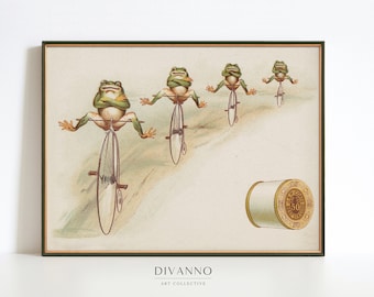 Retro Bicycle Frogs Wall Art Print, Vintage Frog Poster, Antique Illustration, Giclee Print, Funny Toad Art, Printable Canvas, Gift, Digital
