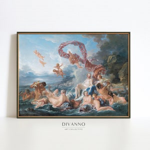 Puede incluir: Una pintura vintage que representa a un grupo de figuras en un paisaje marítimo. Las figuras están desnudas y parecen estar emergiendo del agua. La pintura está ambientada en un cielo azul con nubes blancas. La pintura está enmarcada en un marco marrón oscuro.