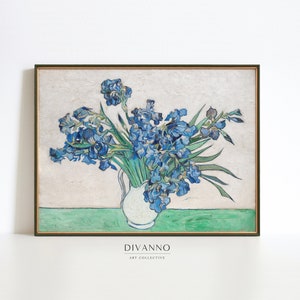 Impresión de iris de Van Gogh, pintura al óleo de flores, lienzo de naturaleza muerta, cartel de jarrón floral botánico, decoración de pared neutra, impresión de bellas artes de iris azul
