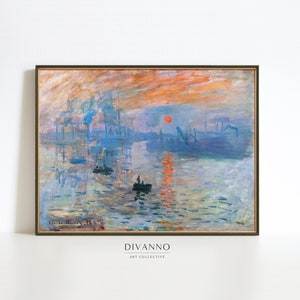 Impresión de pintura del amanecer de Claude Monet, cartel imprimible del paisaje marino, arte vintage de la pared costera, decoración francesa de la sala de estar de verano, decoración de la pared de la playa