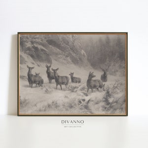Pôster antigo de floresta de inverno, impressão de arte nórdica neutra, decoração de cabine, esboço de rena, decoração de alojamento de férias, arte de parede de presente de Natal, digital
