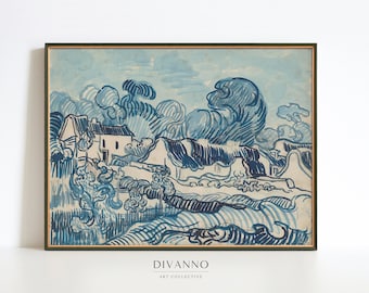Van Gogh holländsk byposter, landskap med hus på canvas, bondgårdsdekor, landsbygdskonsttryck, lantlig stugamålning, blå väggdekor
