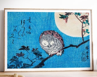 歌川広重：満月と楓の枝にとまる梟（1832年）キャンバスギャラリー