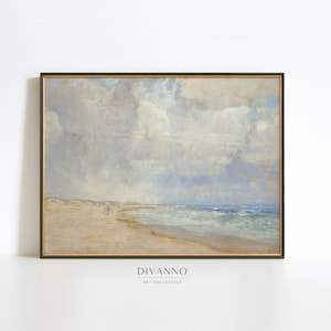 Lienzo de paisaje marino francés, impresión de arte costero, decoración de la pared de la casa de playa, cartel imprimible de tormenta marina estética, pintura desgastada, arte digital
