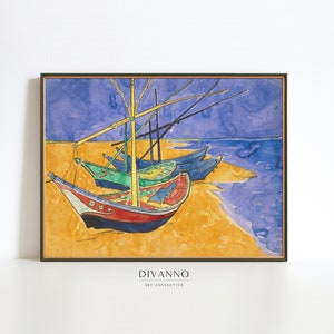 Impresión de arte del paisaje marino de Van Gogh, cartel de barcos de la Riviera francesa, decoración de la casa costera, arte de la pared de la casa de la playa, lienzo náutico, pintura costera de bellas artes