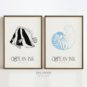 Sea Fish Set of 2 Prints, Eclectic Gallery Wall Art, Nautical Decor, Aesthetic Ocean Collection, Minimalist Canvas, Marine Animal Printable