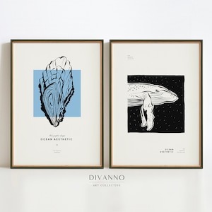 Minimalist Ocean Set of 2 Prints, Eclectic Gallery Wall Art, Nautical Decor, Aesthetic Collection, Marine Animal Posters, Sea Fish Printable