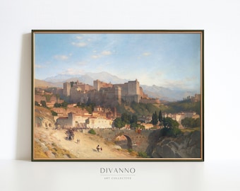 Granada Spain Print, Spanish Landscape Wall Art, Andalusian Hillside Wall Decor, Romantic Travel Classic Wall Art, Alhambra Painting Canvas