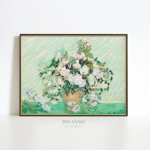 K&ouml;nnte beinhalten: Ein Gem&auml;lde einer Vase, gef&uuml;llt mit wei&szlig;en Rosen. Die Rosen sind in einem lebendigen Stil mit dicken Pinselstrichen gemalt. Der Hintergrund ist hellgr&uuml;n mit einem wirbelnden Muster. Das Gem&auml;lde ist in einem dunkelbraunen Rahmen gerahmt.