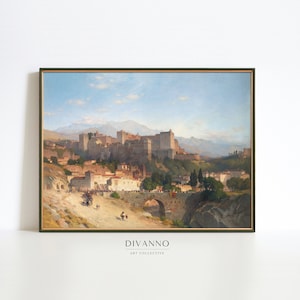 Granada Spain Print, Spanish Landscape Wall Art, Andalusian Hillside Wall Decor, Romantic Travel Classic Wall Art, Alhambra Painting Canvas