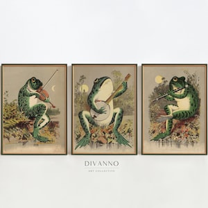 Conjunto de 3 estampas de sapo, decoração de parede com banda de sapo ao luar, pôster engraçado vintage, tela de música retrô, decoração de banheiro para impressão, arte digital de sapo