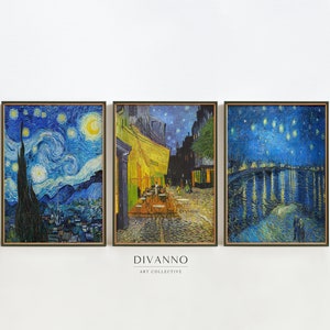 Conjunto de 3 grabados de Van Gogh, decoración de pared de la galería de la noche estrellada, póster del cielo nocturno francés, arte digital, lienzo de la terraza del café, decoración azul medianoche