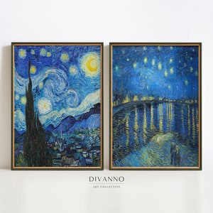 Van Gogh Ensemble de 2 affiches, Starry Night Gallery Wall Art, Affiche du ciel nocturne, Peinture de paysage français, Toile de minuit, Décor bleu, Numérique