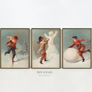 Conjunto de 3 estampas de neve, decoração antiga de parede de neve de Natal, pôster gigante de bola de neve, tela de cartões infantis, impressão de férias, decoração de inverno