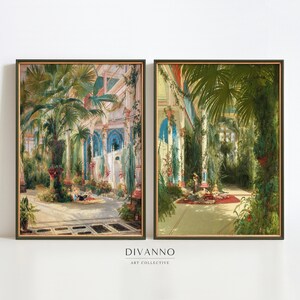 May include: Two framed paintings depicting lush, tropical indoor gardens. The paintings feature vibrant green foliage, towering palm trees, and intricate architectural details. The paintings are framed in dark wood with a gold trim.