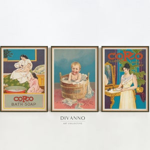 3er Set Drucke, Vintage Badeseife Wanddekor, viktorianisches Haushalts Poster, Retro Frauen waschen Leinwand, druckbare Badezimmer Antik Waschtag