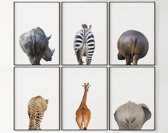 Set of 6 Animal Butt Prints, Bathroom Wall Decor, Safari Animals, Home Decor, Nursery Decor, Wall Art, Minimalist, Elephant, Boho Art, Funny