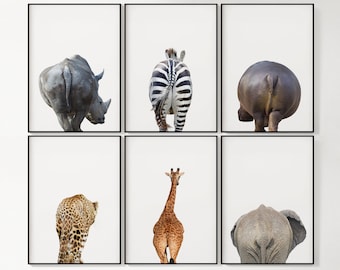Set of 6 Animal Butt Prints, Bathroom Wall Decor, Safari Animals, Home Decor, Nursery Decor, Wall Art, Minimalist, Elephant, Boho Art, Funny