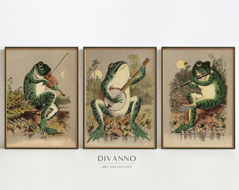 Set of 3 Frog Prints, Moonlight Frog Band Wall Decor, Vintage Funny Poster, Retro Music Canvas, Printable Bathroom Decor, Digital Toad Art