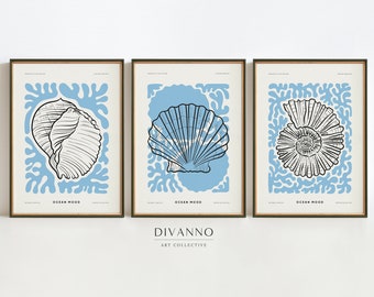 Ocean Set of 3 Blue Prints, Minimalist Home Decor, Beach Wall Art, Marine Aesthetic Gallery Art Printable Sea Shells, Canvas Art Gift Idea