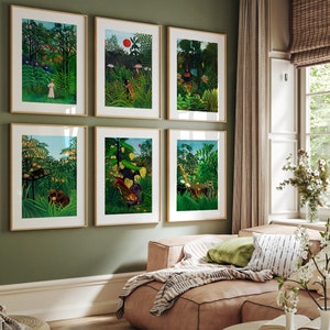 Set von 6 Drucke, Smaragdgrüne Wandkunst, Dschungel Galerie Wandkunst, Rousseau Botanische Poster, Tropische Blumen Wandkunst, Vintage Waldkunst