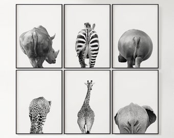 Set of 6 Animal Butt Prints, Bathroom Wall Decor, Safari Animals, Home Decor, Nursery Decor, Wall Art, Minimalist, Elephant, Boho Art, Funny