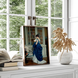 Porträtt av romantisk kvinna, viktoriansk dekor, elegant affisch, affisch med dam i blått, hobbycanvas, väggdekoration i bibliotek, giclée-tryck på konst bild 4