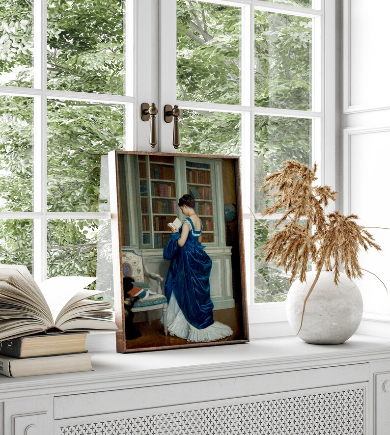 Porträtt av romantisk kvinna, viktoriansk dekor, elegant affisch, affisch med dam i blått, hobbycanvas, väggdekoration i bibliotek, giclée-tryck på konst bild 4