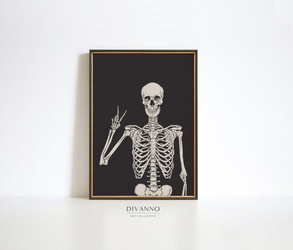 Skeleton Peace Sign Art Print, Gothic Halloween Decor