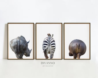 Divertidos estampados de traseros de animales, decoración de safari para habitación infantil, juego de 3